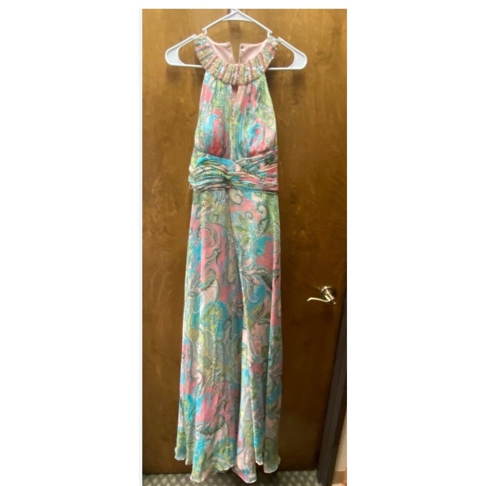 Cachet Women's Sz 6 Dress Pink & Green Blue Beaded Neckline Paisley Print - Picture 4 of 16